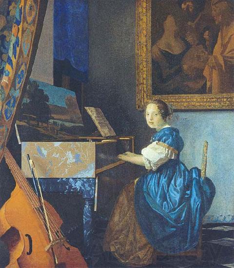 Johannes Vermeer A Young Woman Seated at the Virginal with a painting of Dirck van Baburen in the background Spain oil painting art